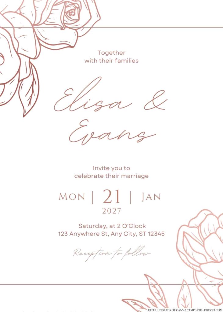 Free Editable Rose Gold Monoline Flower Wedding Invitation