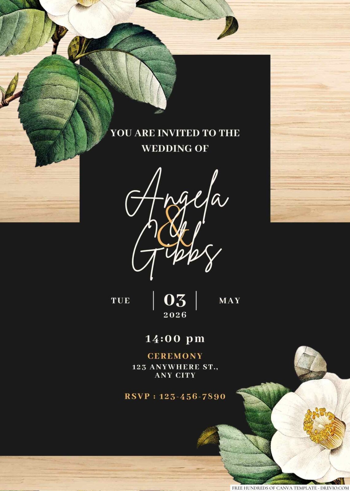 Free Editable Wood Camellia White Flower Wedding Invitation