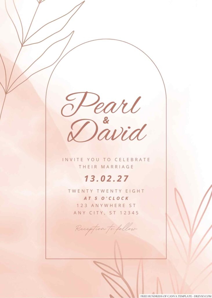 Free Editable Aesthetic Rose Gold Leaves Line Wedding Invitation