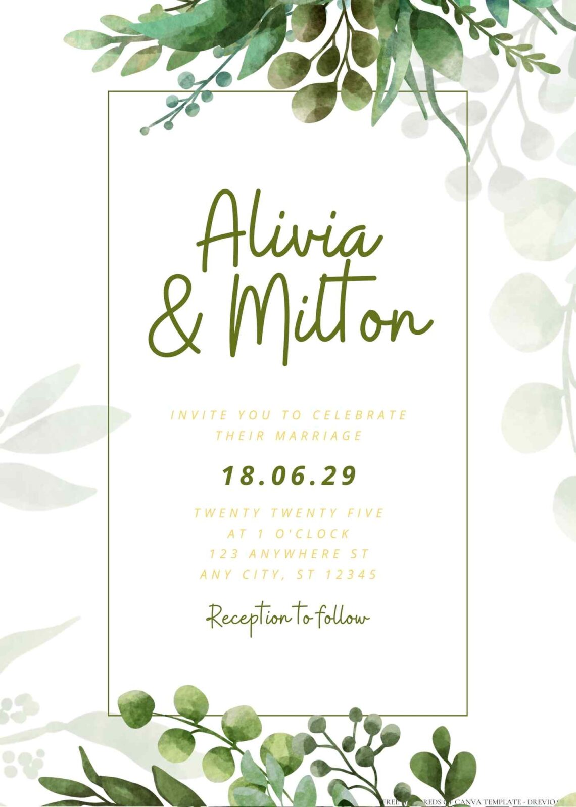 Free Editable Minimalist Greenery Pastel Leaves Floral Wedding Invitation