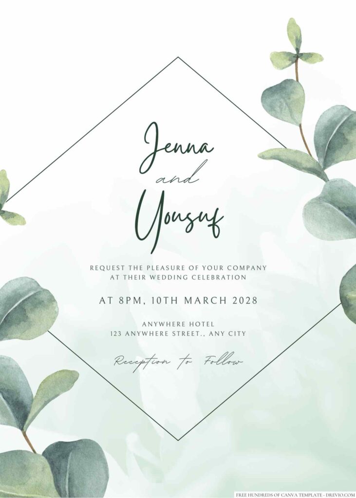Free Editable Minimalist Greenery Eucalyptus Branch Wedding Invitation