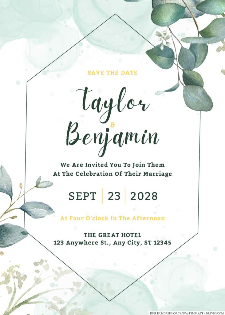 Free Editable Minimalist Greenery Watercolor Eucalyptus Wedding Invitation 