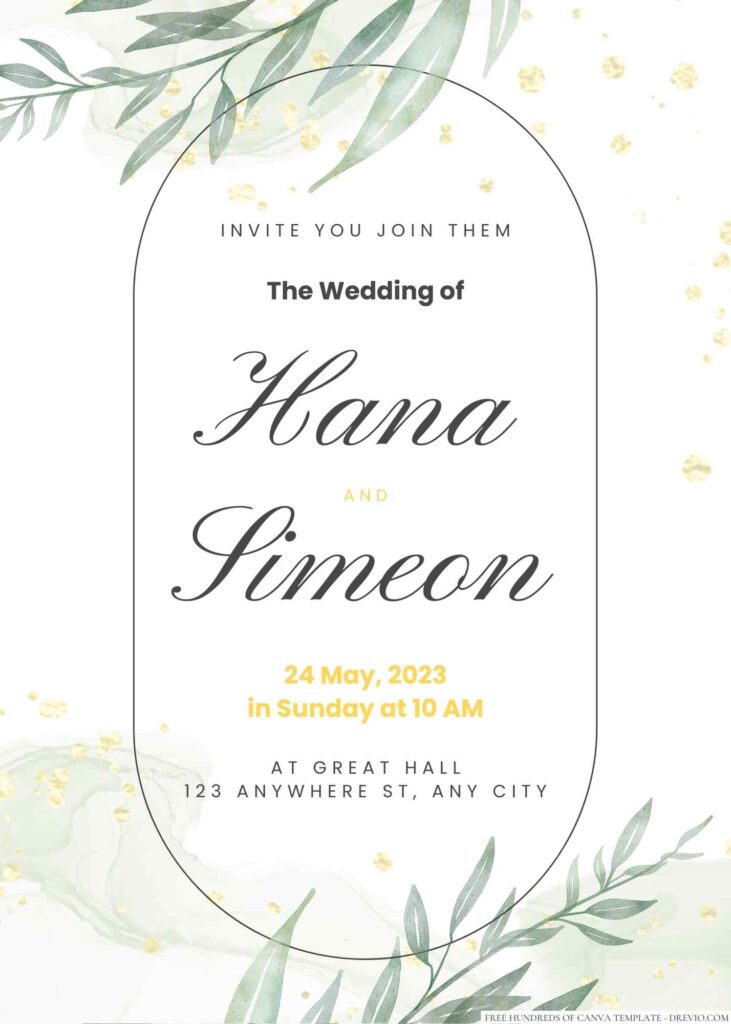 Free Editable Minimalist Greenery Curve Leaves Wedding Invitation