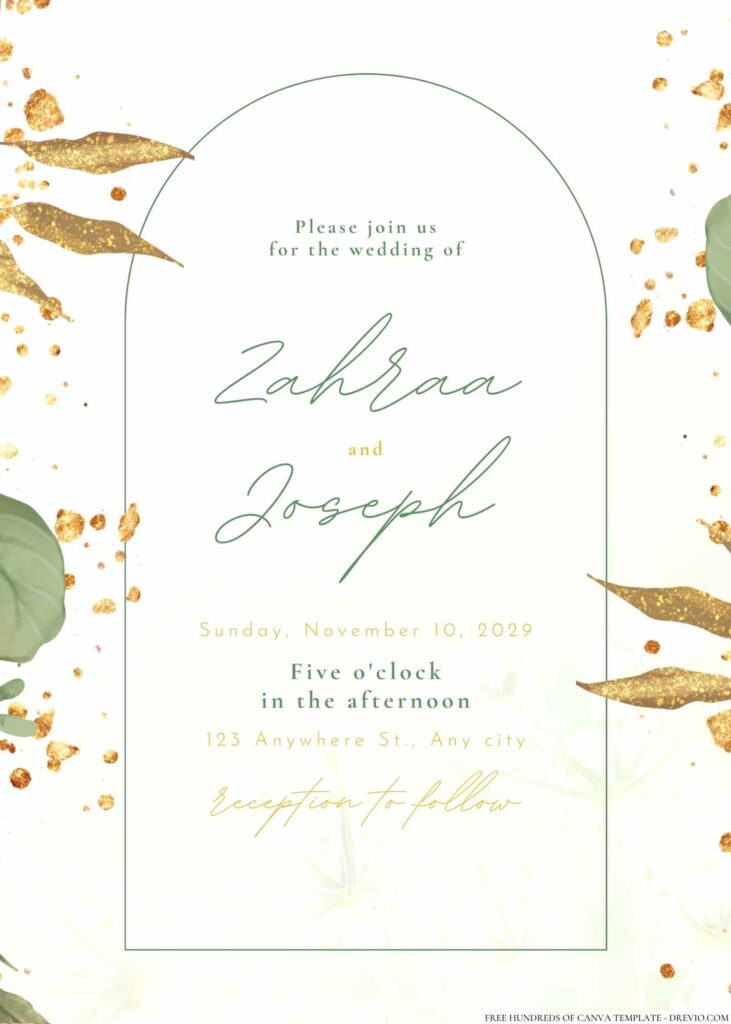 Free Editable Minimalist Greenery Gold Leaves Wedding Invitation