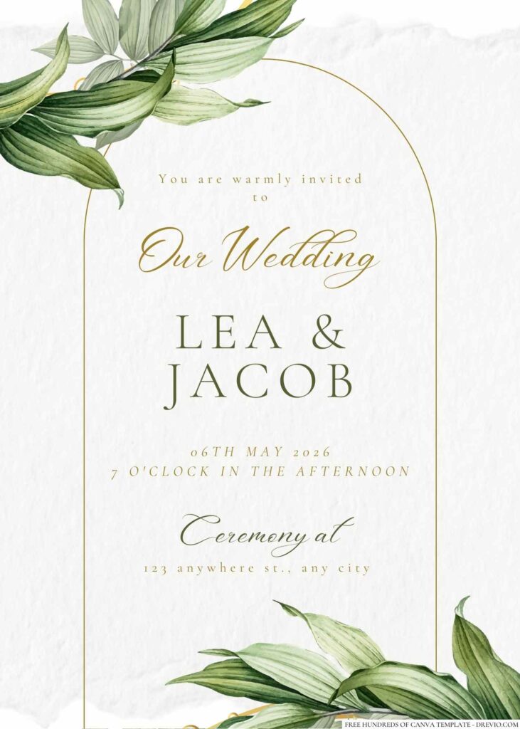 Free Editable Minimalist Greenery Leaves Gold Line Wedding Invitation