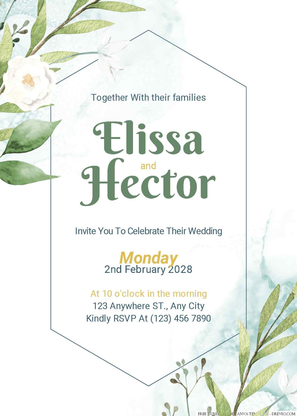 Free Editable Minimalist Greenery Leaves White Floral Wedding Invitation
