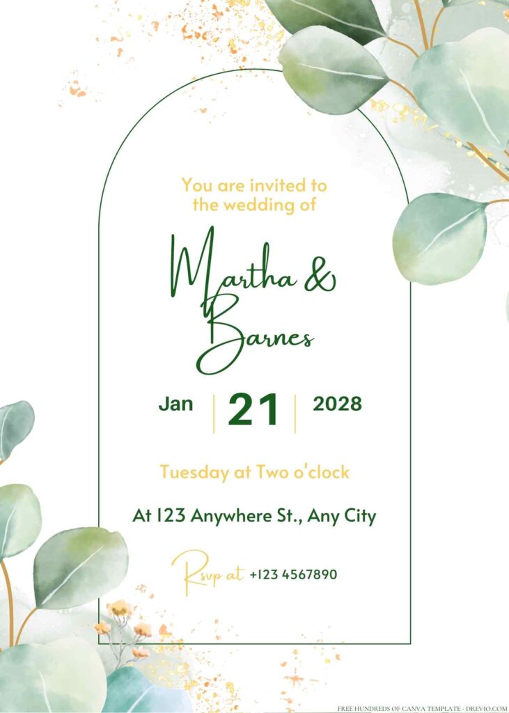 Free Editable Minimalist Greenery Dark Leaves Wedding Invitation