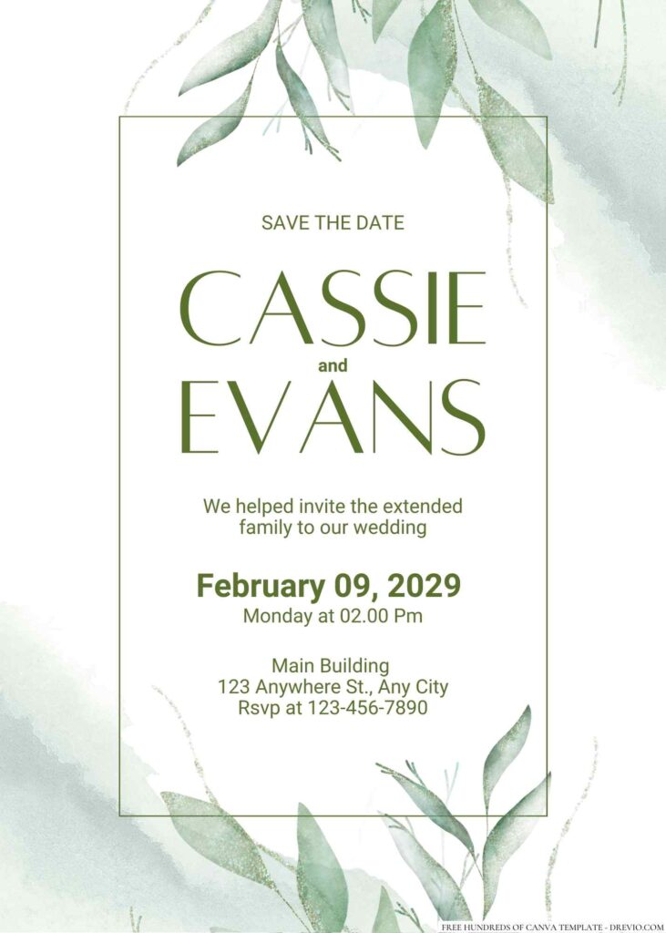 Free Editable Minimalist Green Watercolor Leaves Wedding Invitation