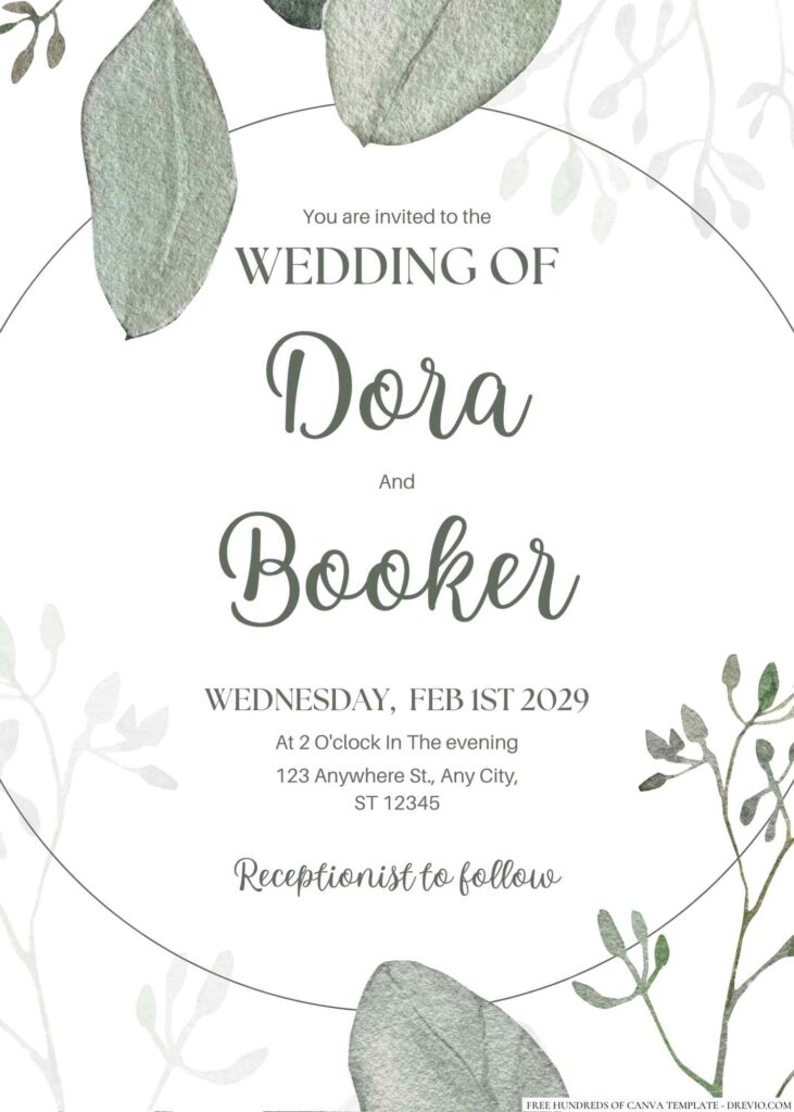 Free Editable Minimalist Exotic Green Leaves Wedding Invitation