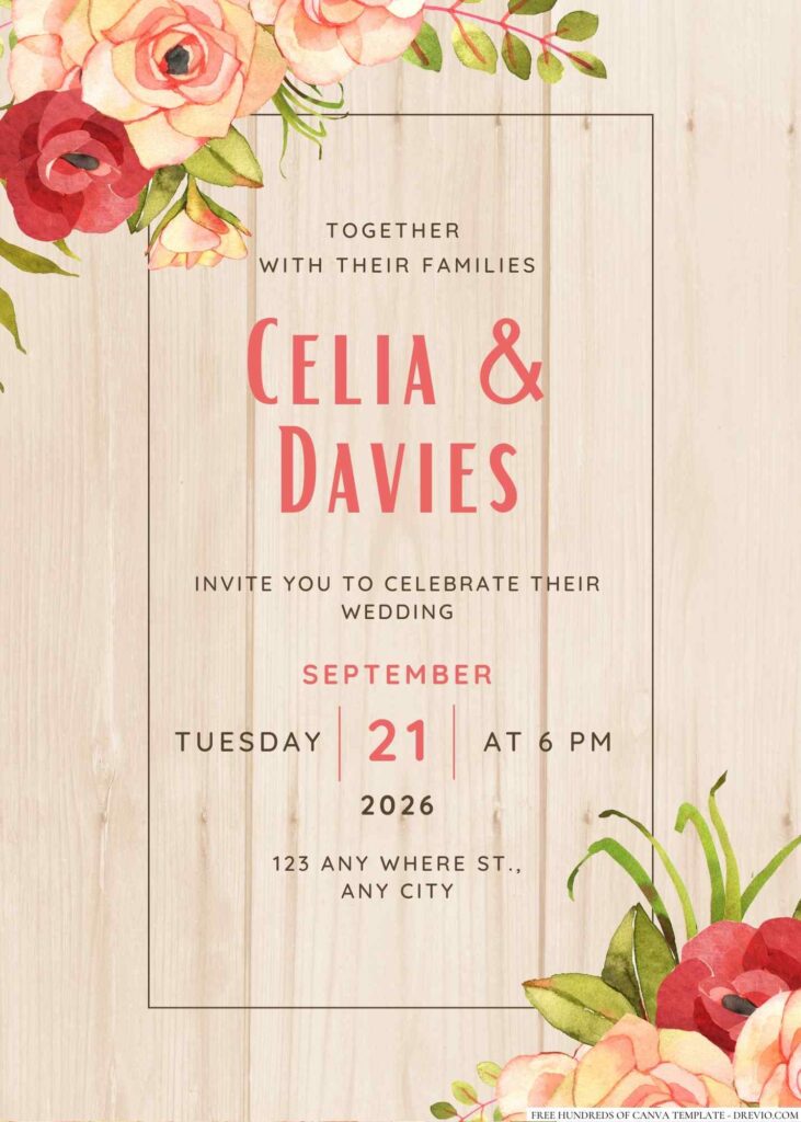 Free Editable Wooden Flower Bohemian Floral Wedding Invitation