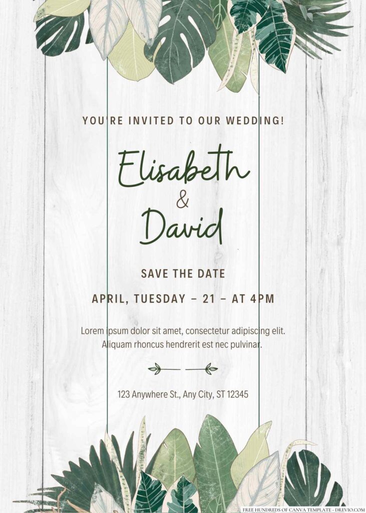 Free Editable Wood Tropical Leaves Green Pastel Wedding Invitation