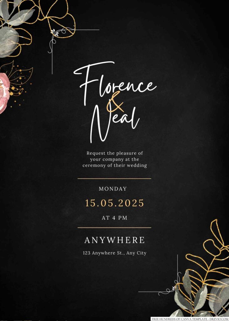 Free Editable Chalkboard Pink Flower Line Gold Wedding Invitation
