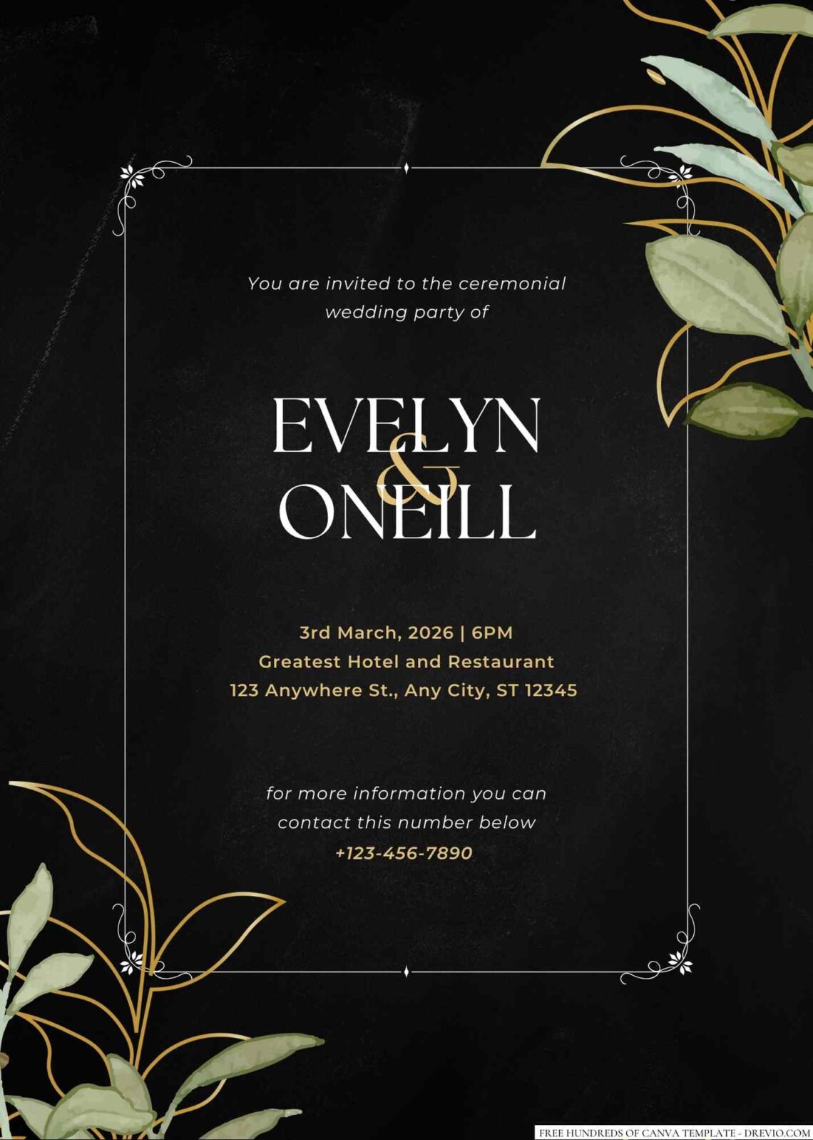 Free Editable Chalkboard Floral Gold Leaves Wedding Invitation