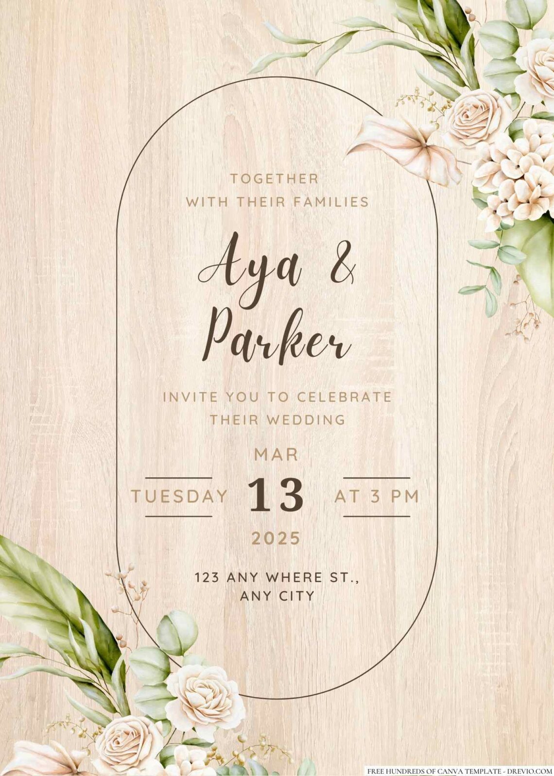 Wooden Delicate Green Floral Canva Wedding Invitation Templates