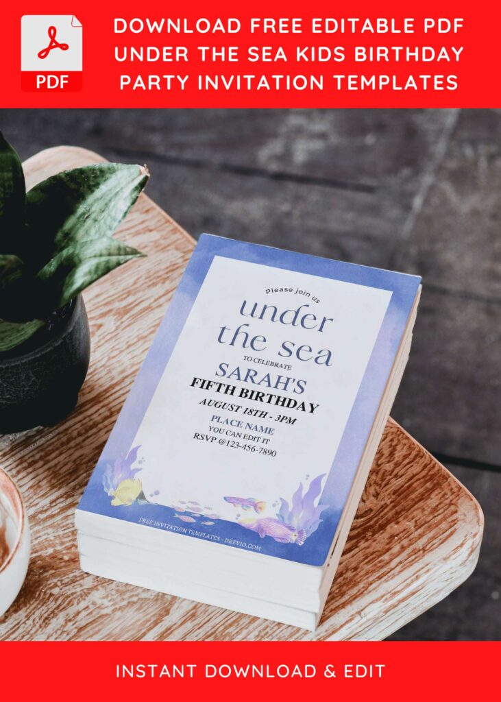 Invitation Template of (Free Editable PDF) Cute Watercolor Sea Themed Birthday Invitation Templates 3