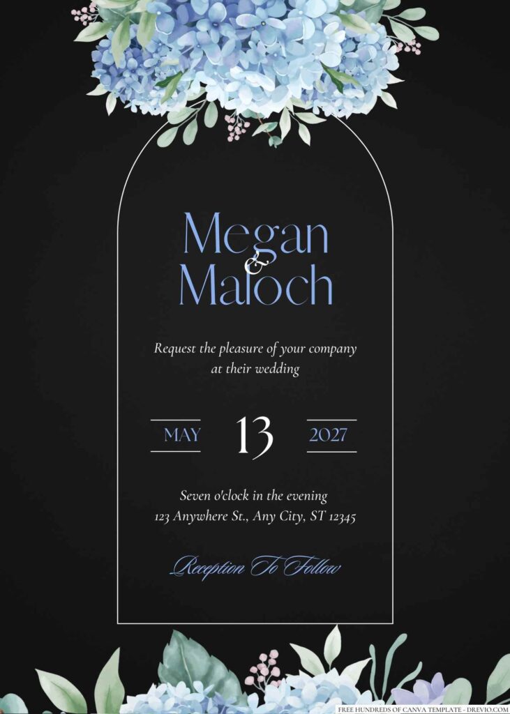 Free Editable Chalkboard Blue Hydrangea Flower Wedding Invitation