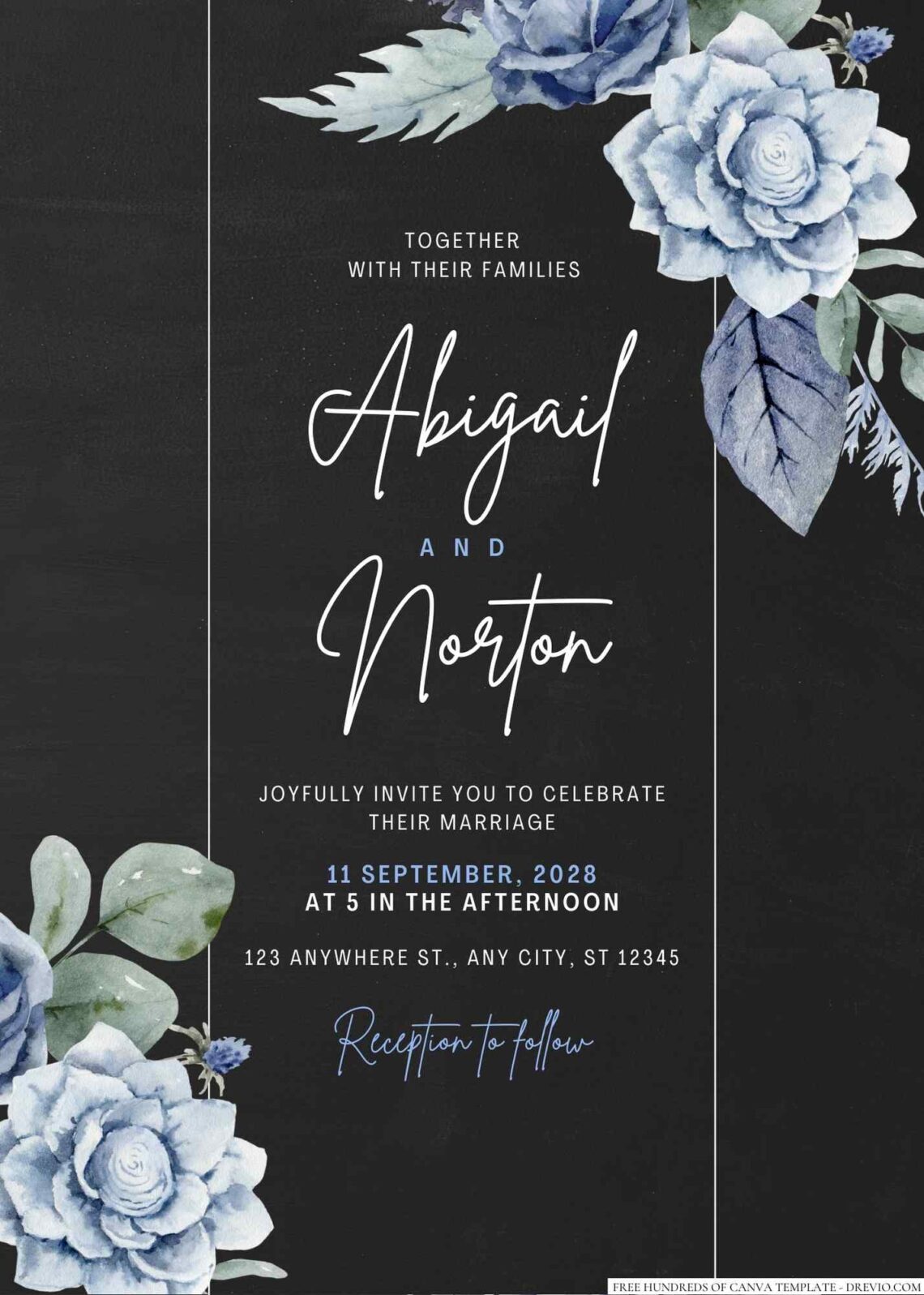 Free Editable Chalkboard Dusty Blue Wreath Wedding Invitation