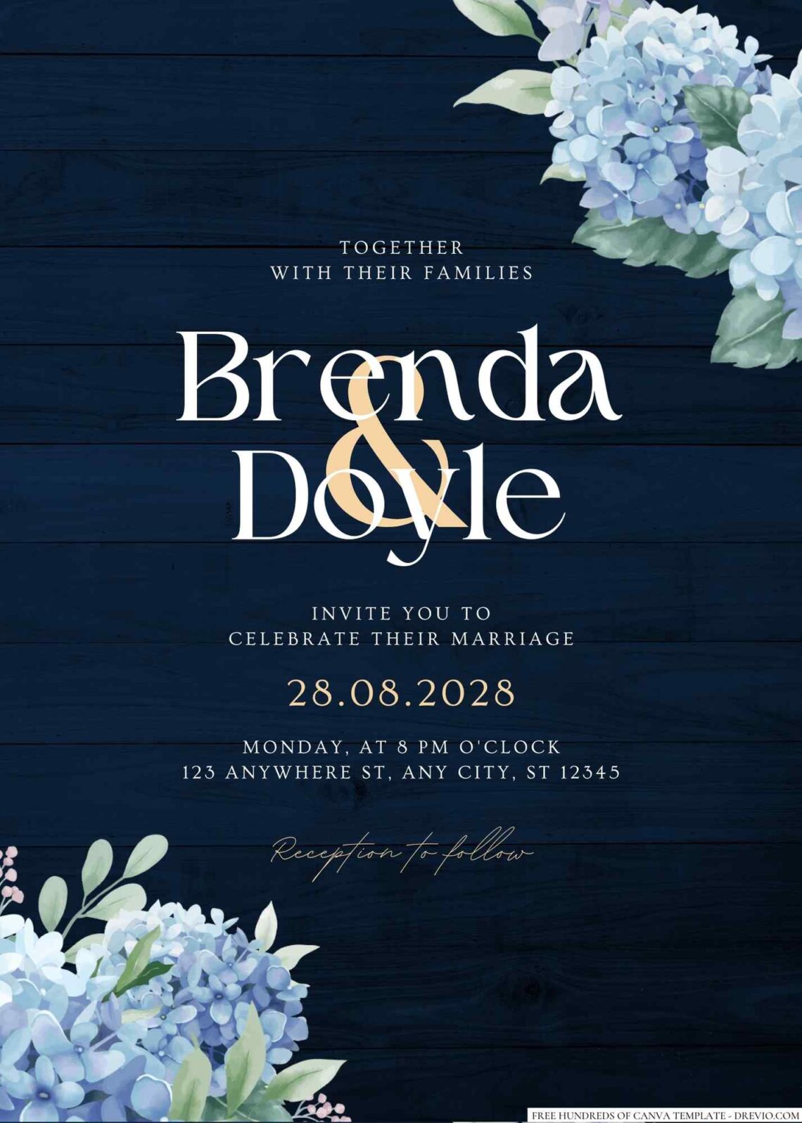 Wood Hydrangea Blue Flower Canva Wedding Invitation Templates