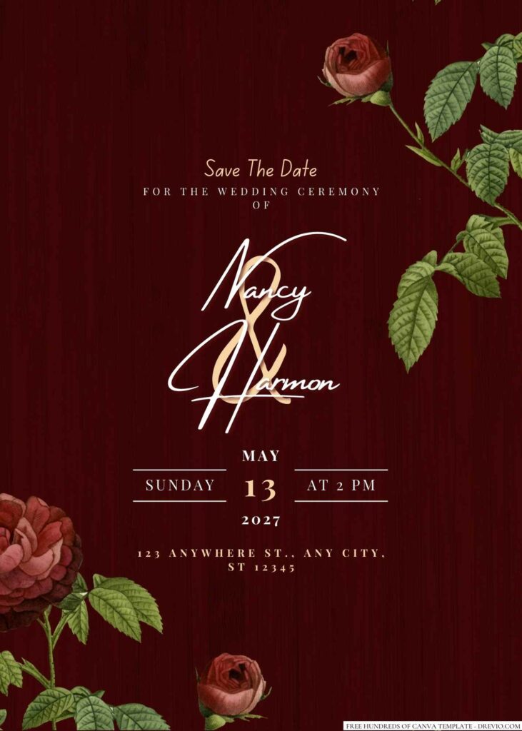Free Editable Wood Red Roses Floral Wedding Invitation