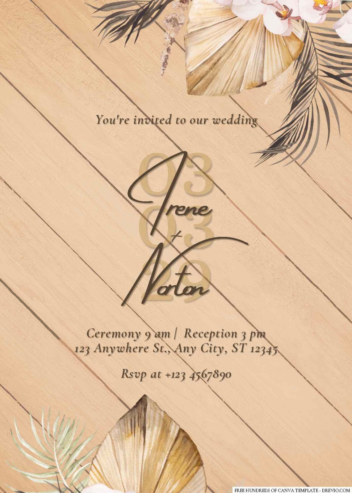 Free Editable Wood Dried Pink Floral Wedding Invitation
