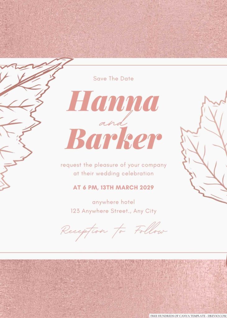 Free Editable Leaves Illustration Rose Gold Wedding Invitation