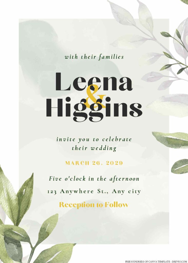 Free Editable Minimalist Greenery Leaves Green Gold Wedding Invitation