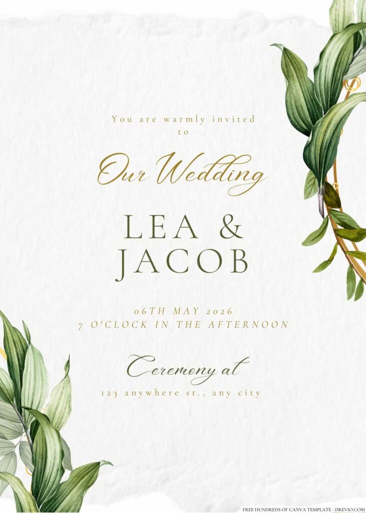 Free Editable Minimalist Greenery Leaves Gold Line Wedding Invitation