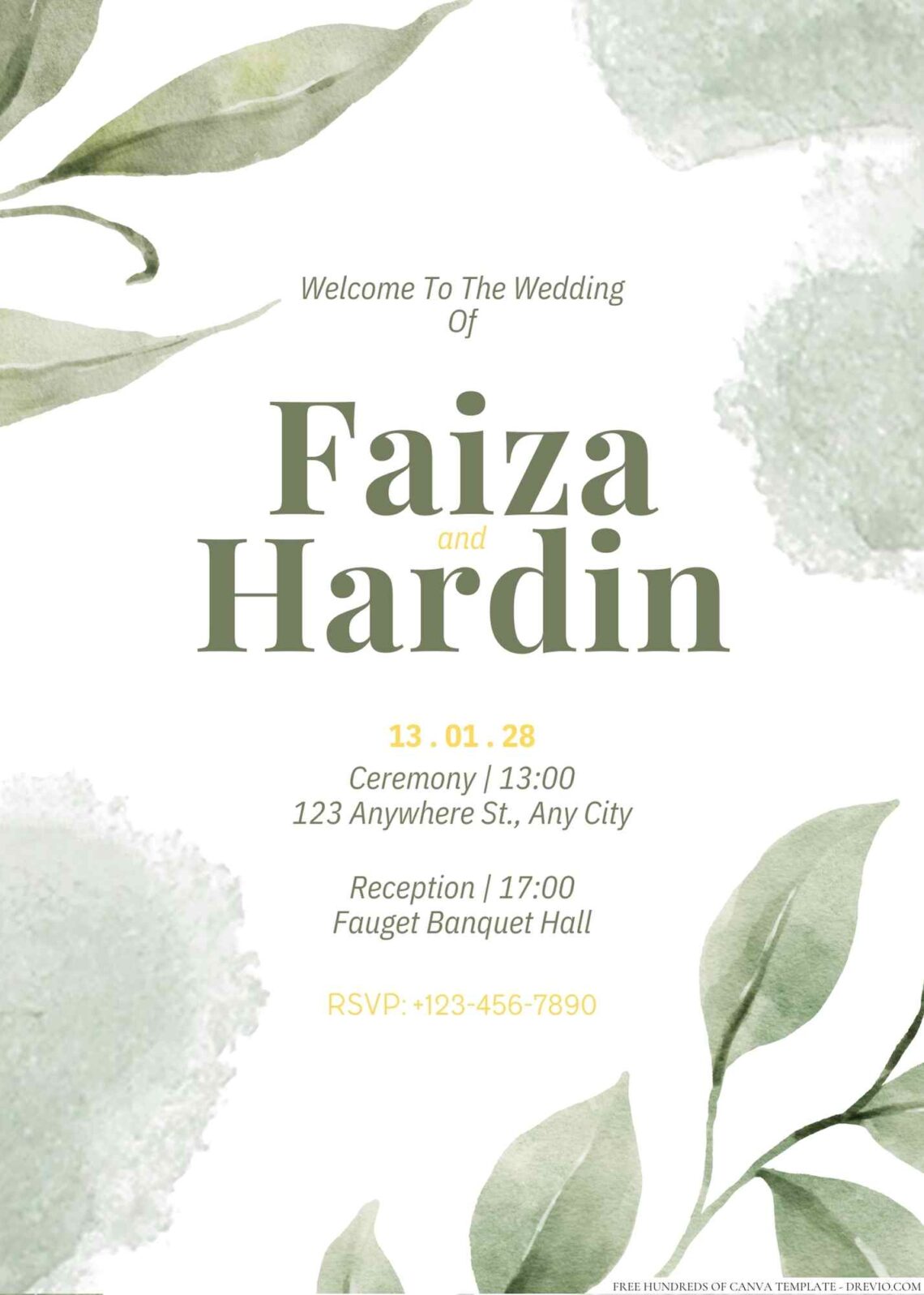 Free Editable Minimalist Greenery Leaf Watercolor Wedding Invitation
