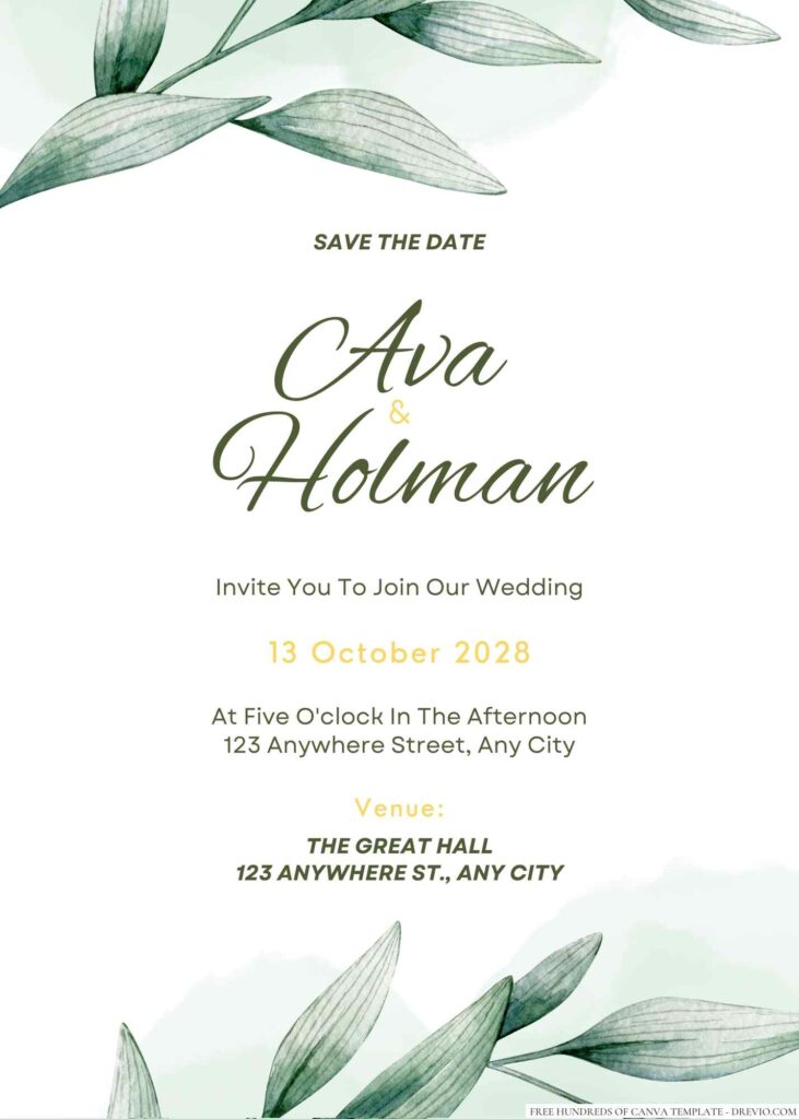 Free Editable Minimalist Greenery Pastel Leaves Wedding Invitation