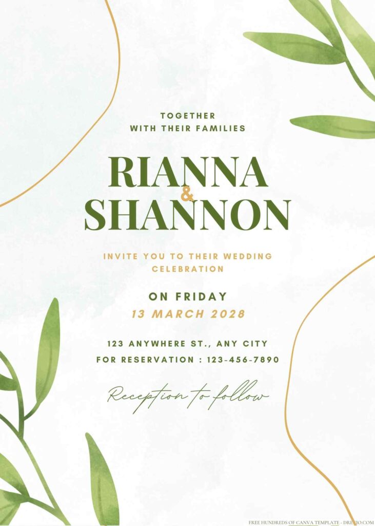 Free Editable Minimalist Green Leaves Watercolor Wedding Invitation