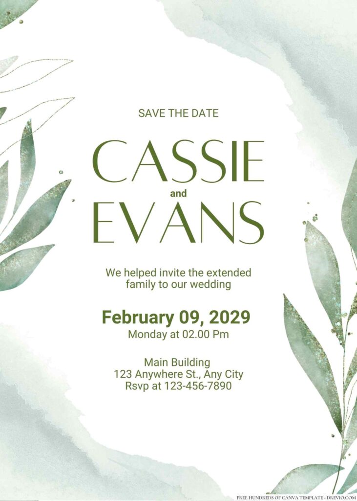 Free Editable Minimalist Green Watercolor Leaves Wedding Invitation