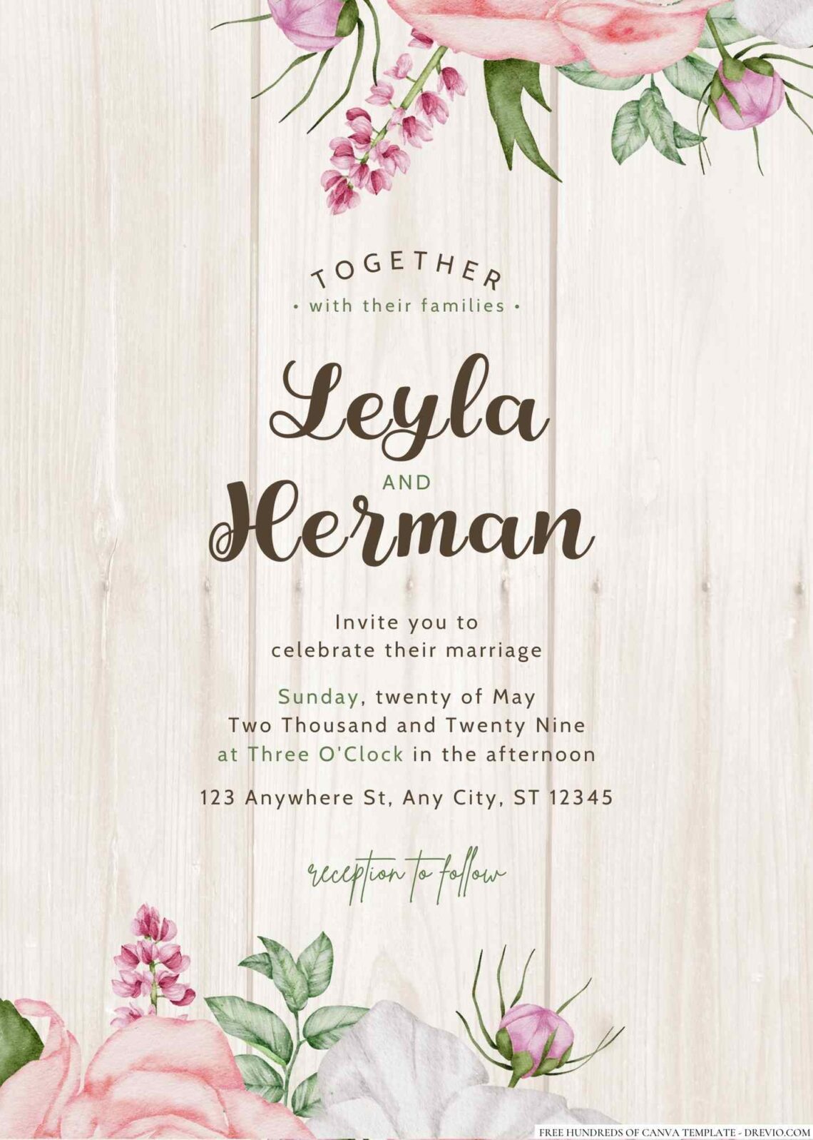 Free Editable Wood Pink White Floral Wedding Invitation