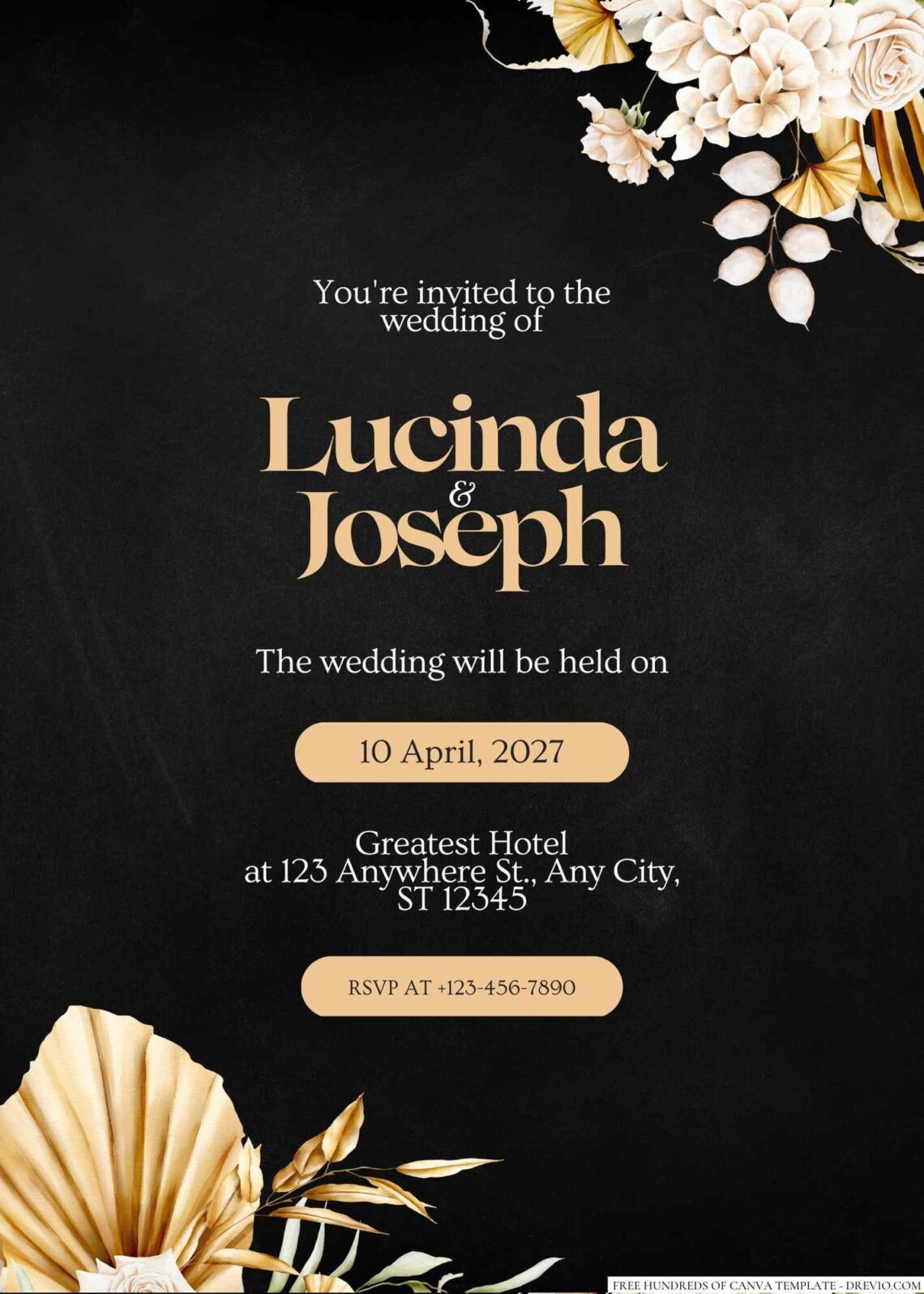 Free Editable Chalkboard Delicate Gold White Flower Wedding Invitation