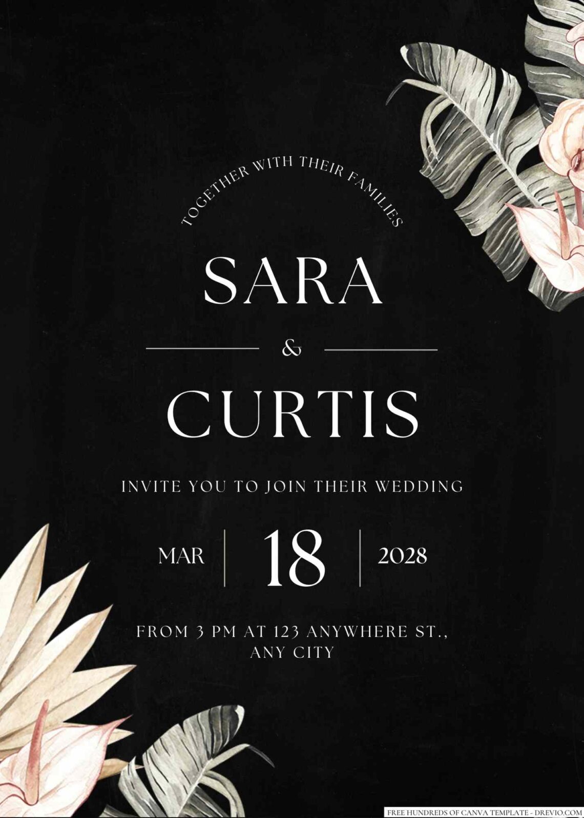 Free Editable Chalkboard Tropical Dark Leaves Wedding Invitation
