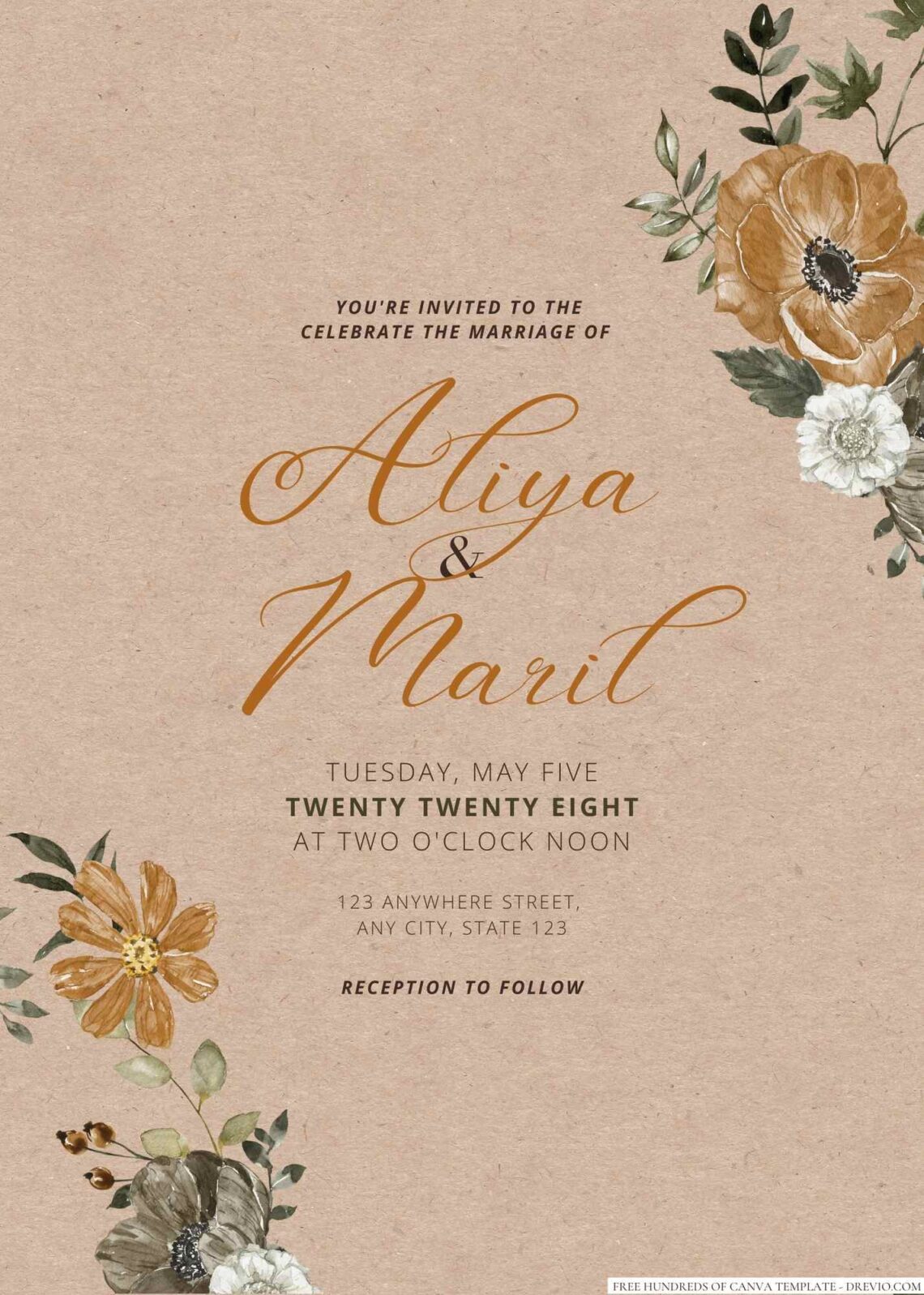 Free Editable Watercolor Rustic Floral Wreath Wedding Invitation