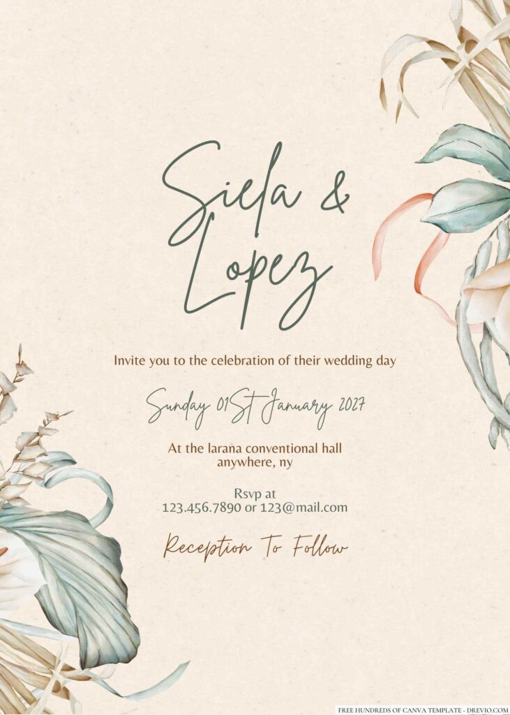 Free Editable Rustic Dried Tropical Green Wedding Invitation