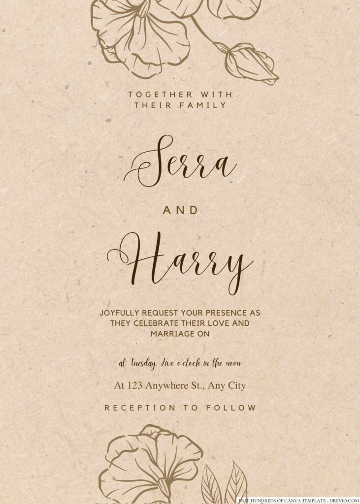Free Editable Rustic Line Detail Drawing Flower Wedding Invitation