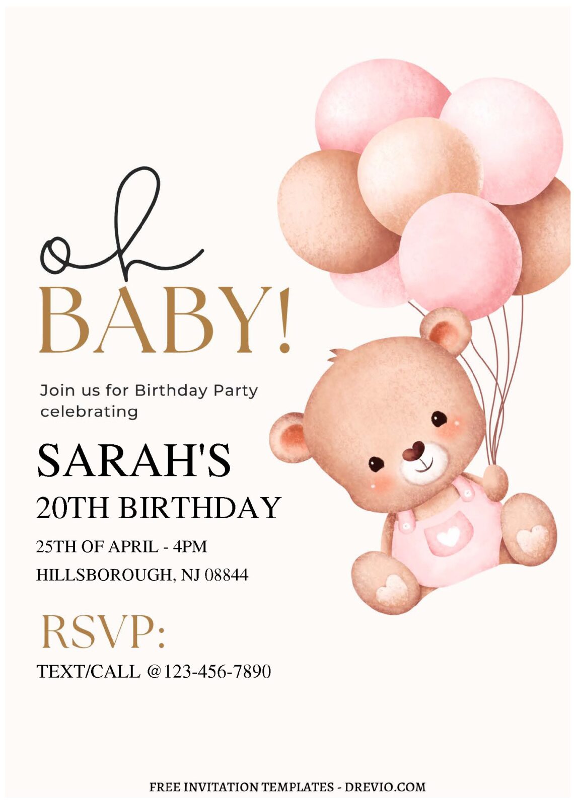 (Free Editable PDF) Oh Baby Watercolor Balloon Birthday Invitation ...