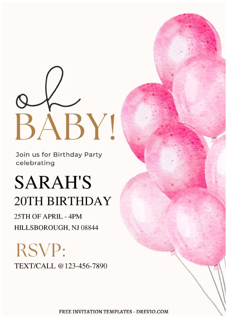 (Free Editable PDF) Oh Baby Watercolor Balloon Birthday Invitation Templates B