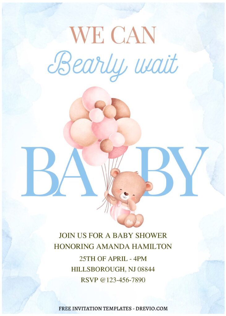 (Free Editable PDF) Nursery Baby Bear Birthday Invitation Templates A