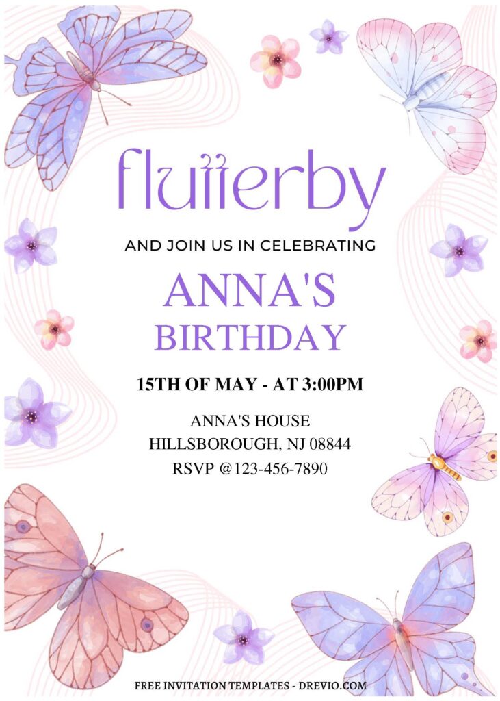 (Free Editable PDF) Dreamy Fluttering Butterfly Birthday Invitation Templates C