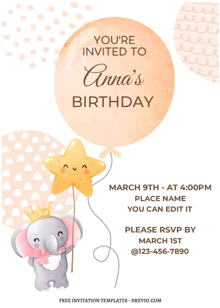 (Free Editable PDF) Cutesy Nursery Baby Elephant Birthday Invitation Templates A