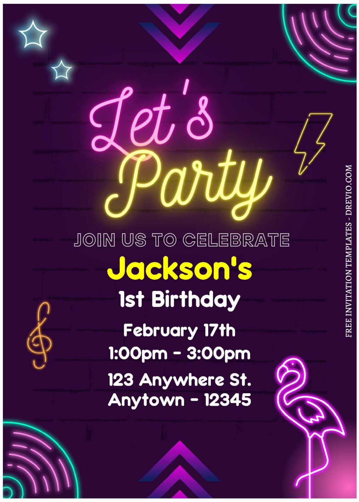 (Free Editable PDF) Glowing Neon Kids Birthday Invitation Templates B