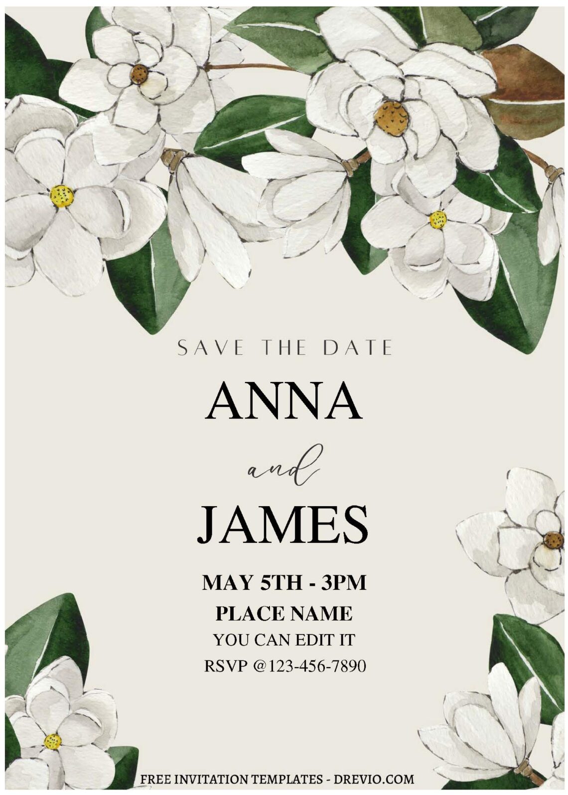 (Free Editable PDF) Botanical Magnolia Wedding Invitation Templates B