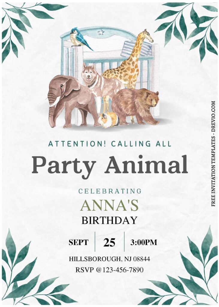 (Free Editable PDF) Vintage Greenery Party Animal Birthday Invitation Templates A