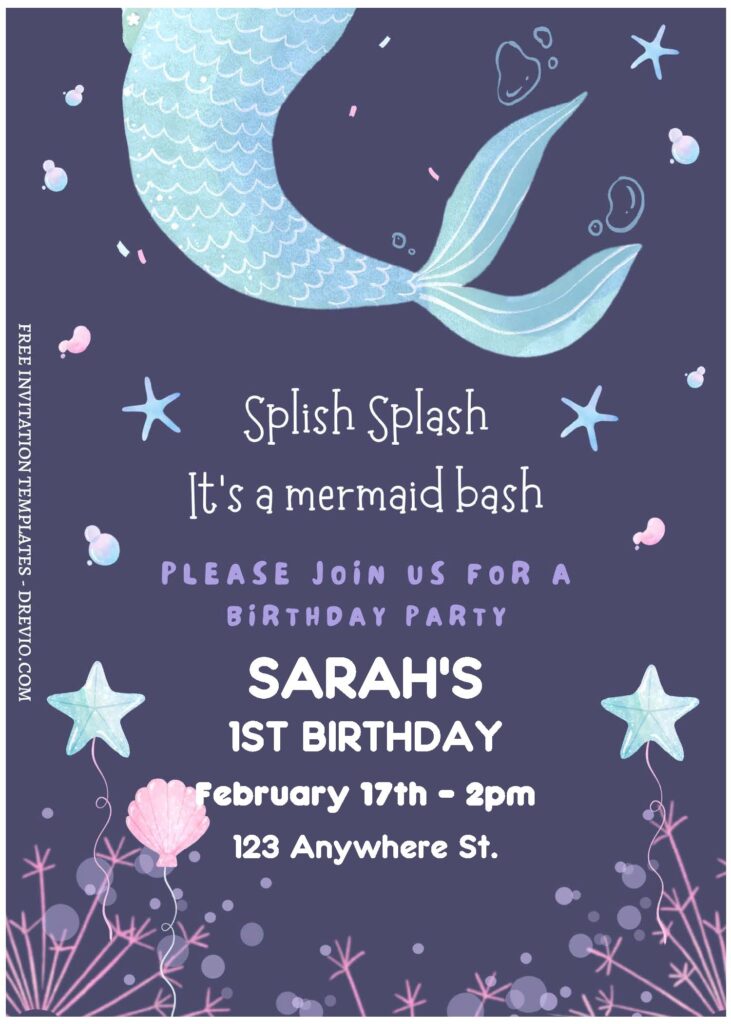 (Free Editable PDF) Splish Splash Mermaid Birthday Bash Invitation Templates with mermaid tail