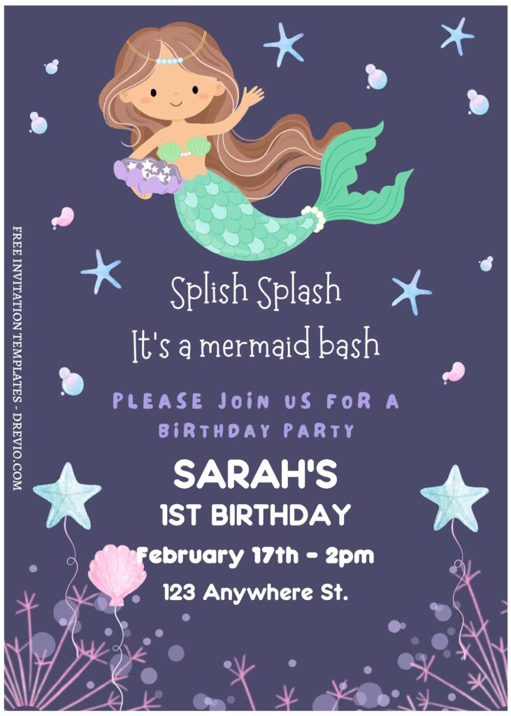 (Free Editable PDF) Splish Splash Mermaid Birthday Bash Invitation Templates with adorable little mermaid
