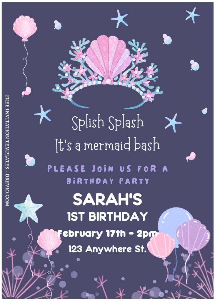 (Free Editable PDF) Splish Splash Mermaid Birthday Bash Invitation Templates with navy background