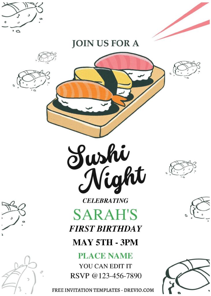 (Free Editable PDF) Sushi Night Kids Birthday Invitation Templates C