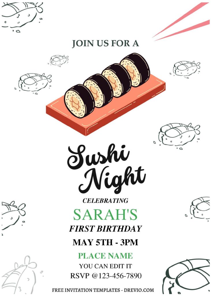 (Free Editable PDF) Sushi Night Kids Birthday Invitation Templates A